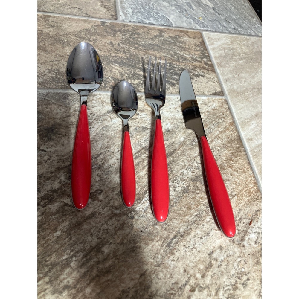 Brandani Inox Red Handle Flatware 4 Piece Set Stainless Steel Fork Knife Spoon